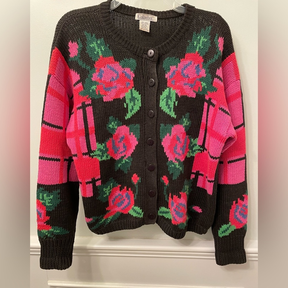Vintage 80’s Hand Knit Gallagher Pink Floral Irish Cardigan Medium